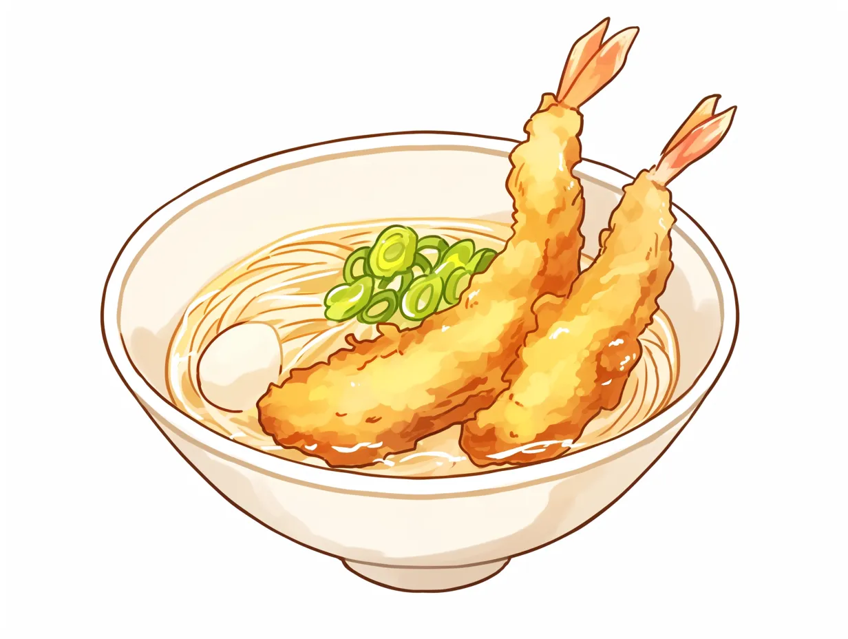 年越しそばと海老天のイラスト｜白い器に盛られた年越しそばの上に海老天が載り、バランスよく描かれています。清潔感と親しみやすさを兼ね備え、飲食店の年末販促や季節広告に利用しやすいビジネス写真素材です。