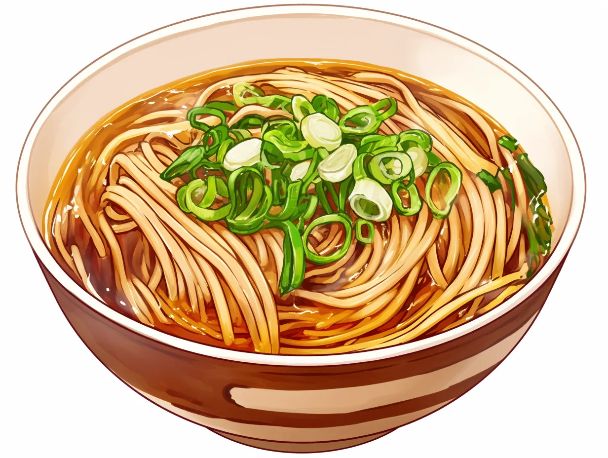 年越しそばの熱々丼イラスト｜湯気の立ち上る年越しそばをリアルに描いたイラストです。温かみと臨場感があり、年越しそばを表現するビジネス写真素材として年末の季節感を効果的に演出できます。