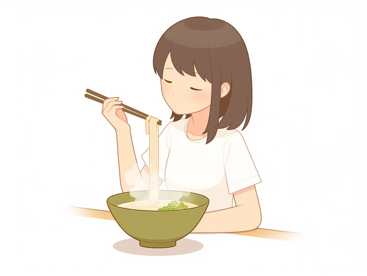 年越しそばを食べる人イラスト｜女性が箸でそばを食べる様子を描いたシンプルな構図です。年越しそばを人の動作と共に表現することで、親しみやすく生活感のある写真素材として広告や記事に適しています。