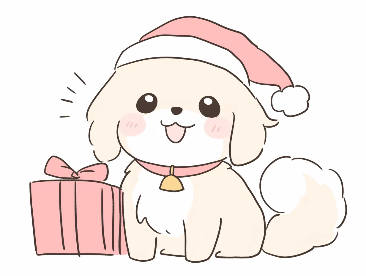 かわいいクリスマス犬とプレゼント｜サンタ帽をかぶった犬とプレゼントを組み合わせた親しみやすいデザインです。かわいいクリスマスを象徴し、販促チラシや季節のキャンペーンに効果的な写真素材です。