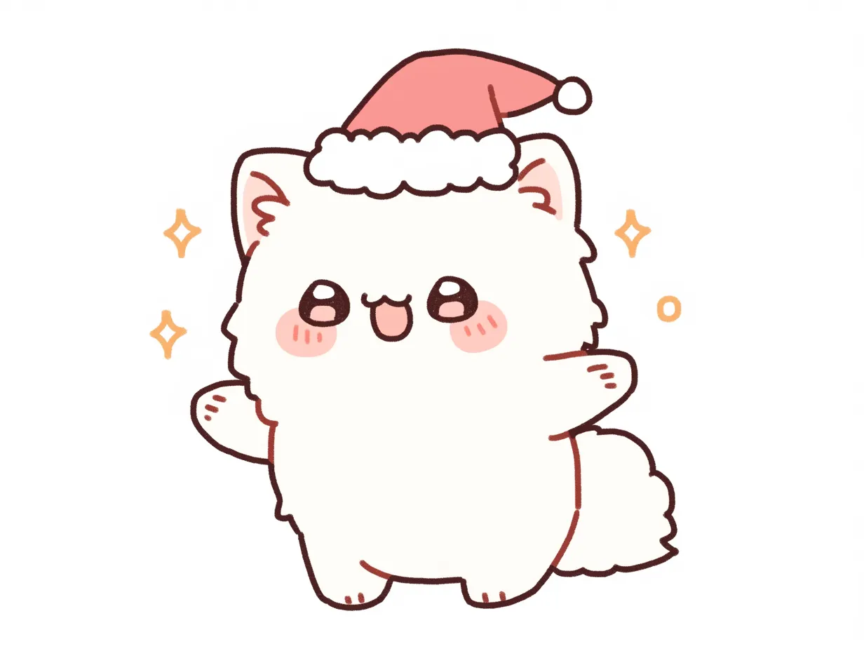 かわいいクリスマス子犬のイラスト｜ふんわりとした毛並みの子犬がサンタ帽をかぶり、楽しそうな表情を見せています。かわいいクリスマスの雰囲気を伝え、SNS投稿や商品パッケージに最適な写真素材です。