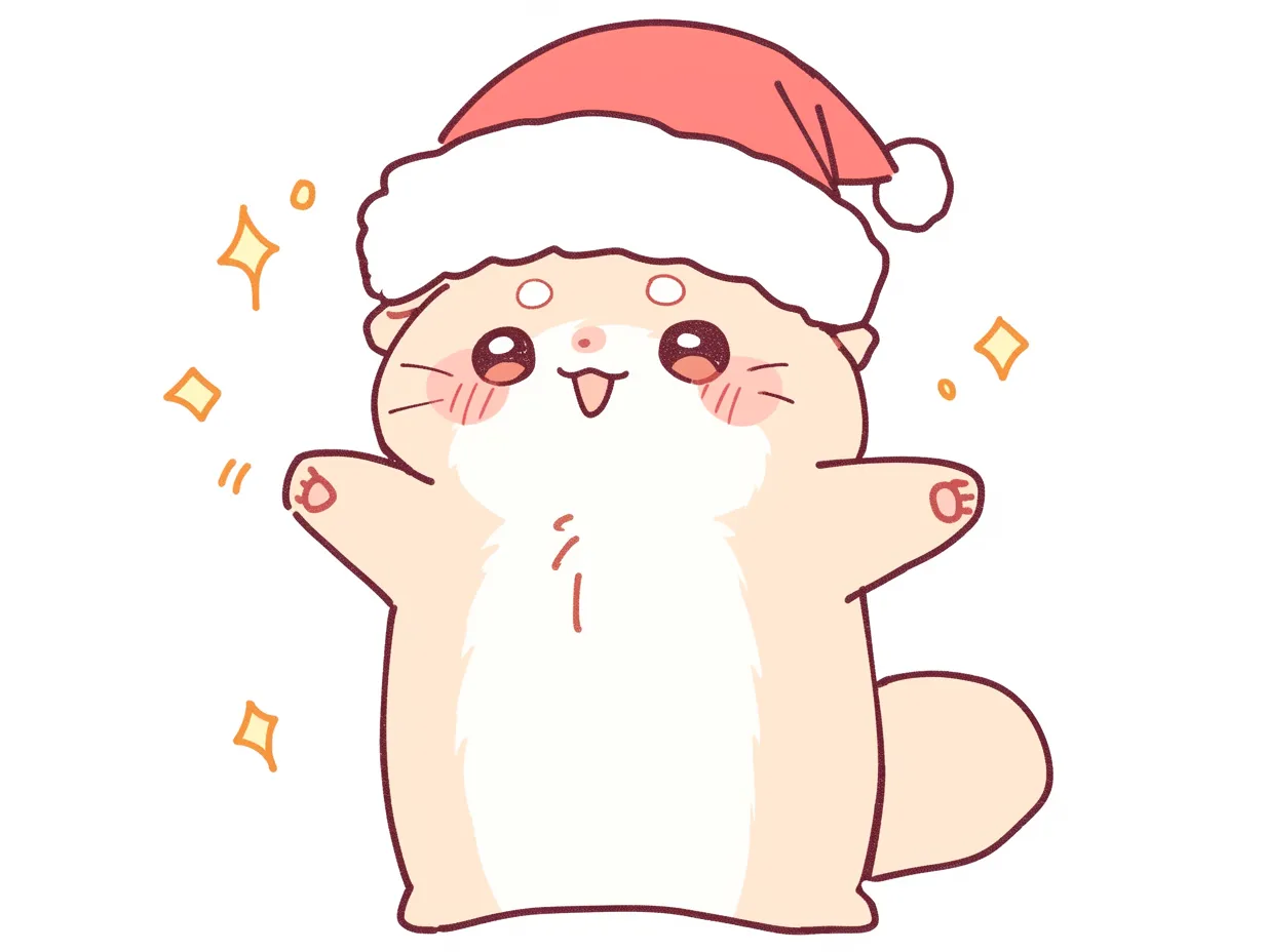 かわいいクリスマス動物キャラクター｜サンタ帽をかぶった動物が元気に両手を広げる明るい構成です。かわいいクリスマスを演出し、子ども向けイベントや広告に活用できる写真素材です。