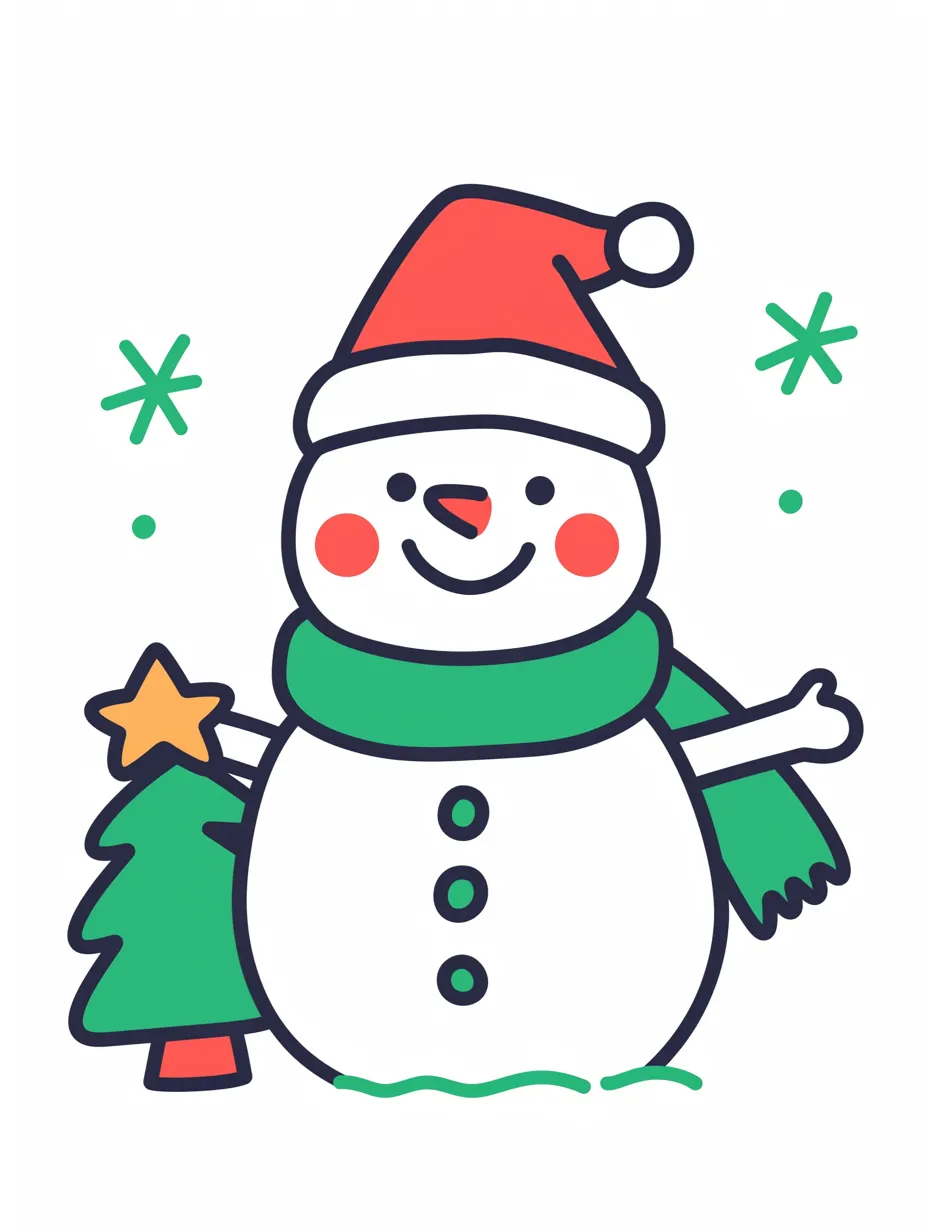 かわいいクリスマス雪だるまのイラスト｜サンタ帽をかぶった雪だるまがツリーと並ぶ、冬らしい構成のイラストです。かわいいクリスマスを表現し、イベントや教育関連の素材に活用できる写真素材です。