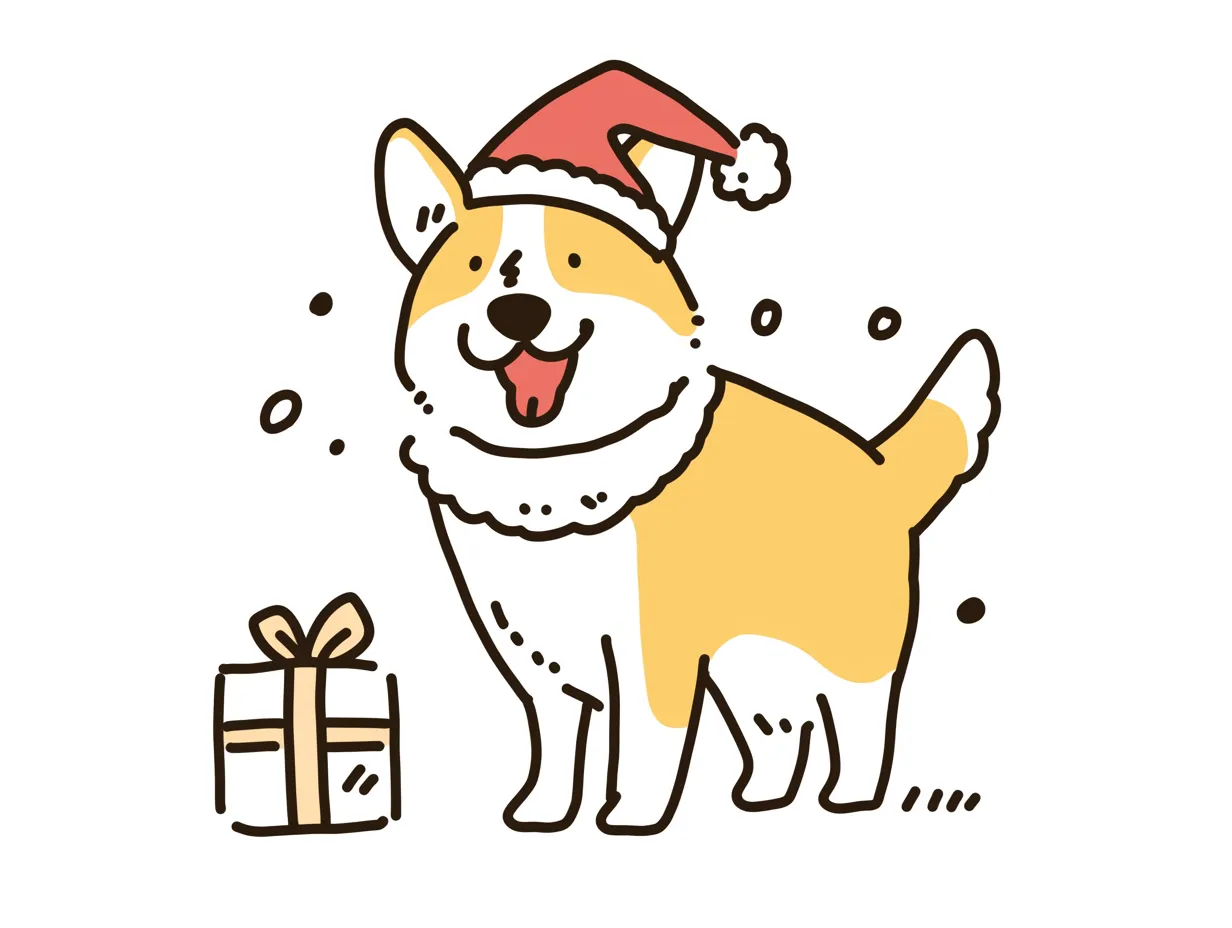 ゆるいクリスマスコーギーとプレゼント｜サンタ帽をかぶったコーギーとプレゼントを組み合わせた、カジュアルな線画タッチです。ゆるいクリスマスのムードを感じさせ、SNS投稿や販促素材に活用可能です。