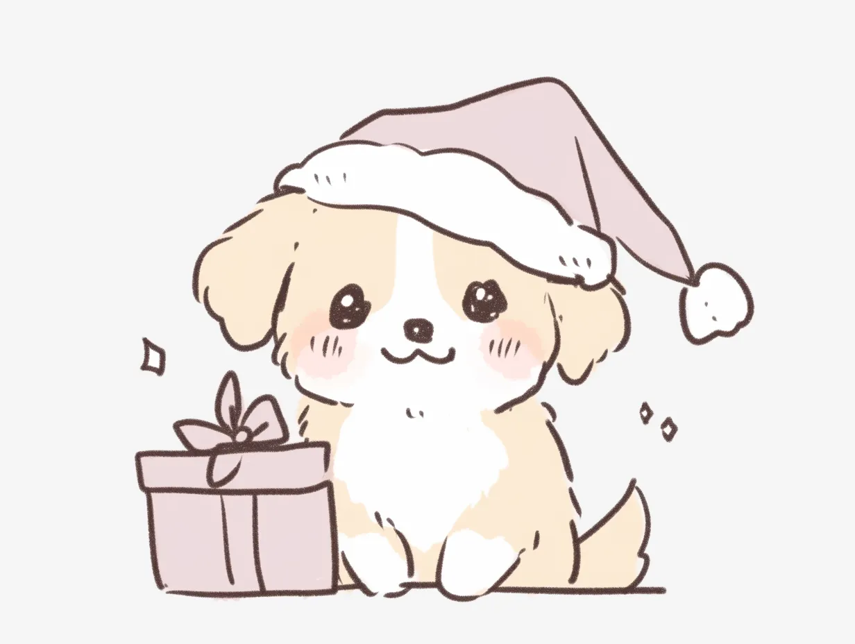 ゆるいクリスマス犬とギフトボックス｜柔らかい色合いで描かれた子犬とギフトのイラストが温かさを伝えます。ゆるいクリスマスを象徴するデザインで、カードや広告にも使いやすい写真素材です。