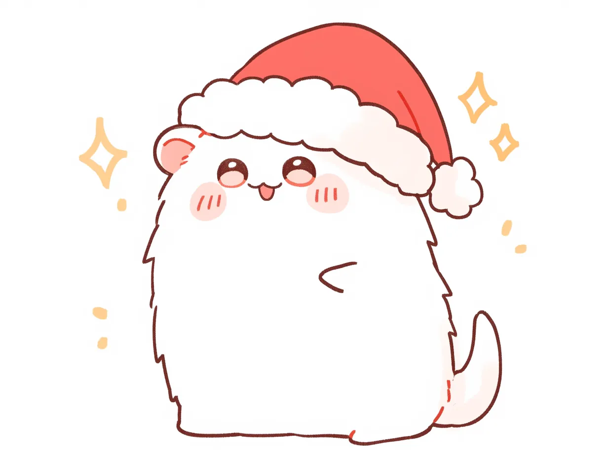 ゆるいクリスマス動物キャラクター｜ふわふわの毛並みと赤いサンタ帽を特徴にしたキャラクターです。ゆるいクリスマスの雰囲気を表現し、商品パッケージや季節イベントに適した写真素材です。