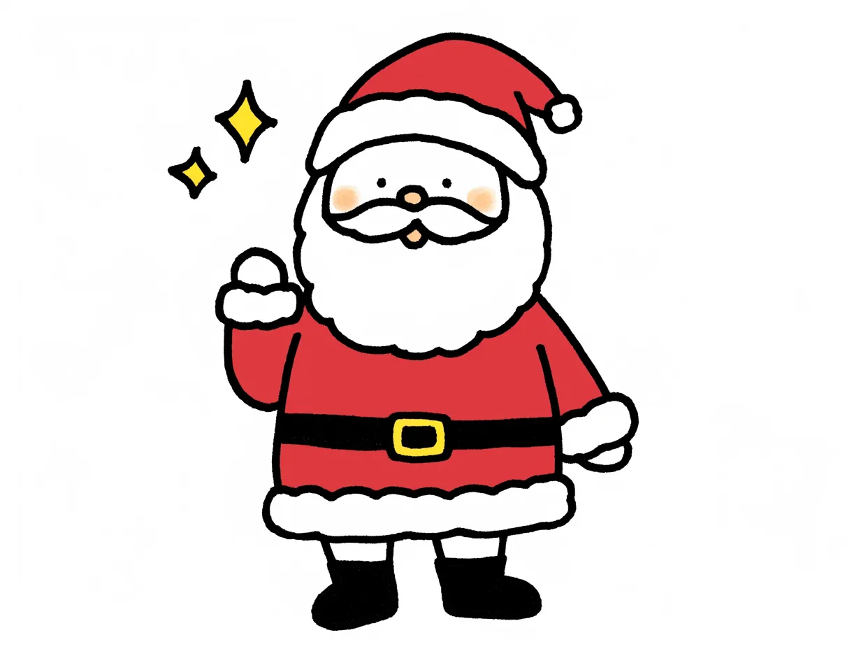 ゆるいクリスマスサンタクロース立ち姿｜クラシックなサンタをゆるい線で表現したイラストです。ゆるいクリスマスを象徴し、子ども向けイベントや販促チラシに使いやすい写真素材です。