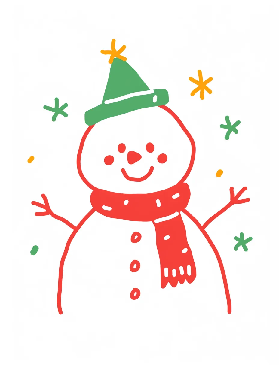 ゆるいクリスマス雪だるまのイラスト｜カラフルな帽子とマフラーを身につけた雪だるまをゆるく描いたデザインです。ゆるいクリスマスを感じさせ、明るく楽しい印象を与える写真素材です。