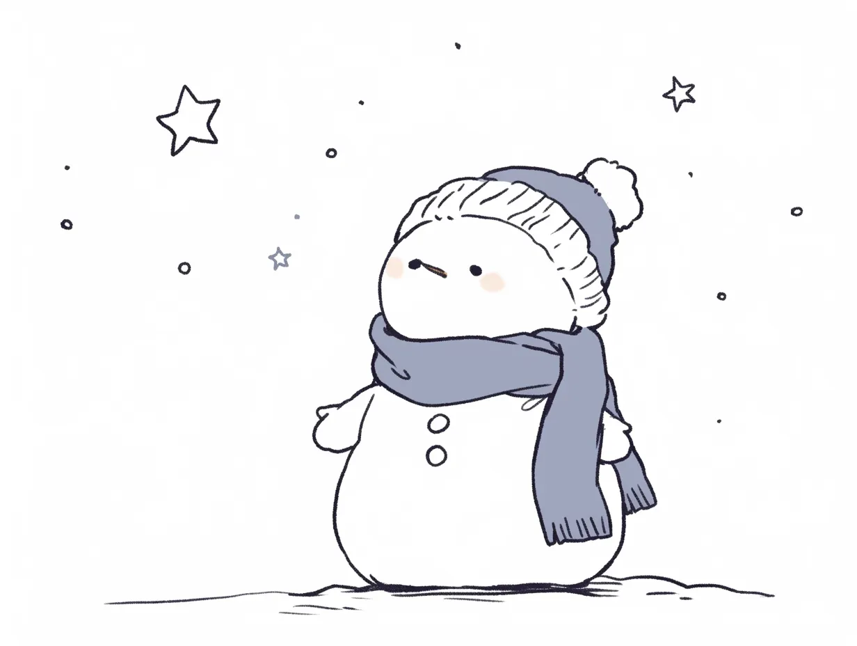 手書きクリスマス雪だるまのイラスト｜ニット帽とマフラーを身につけた雪だるまを手描き風に表現しています。手書きクリスマスの雰囲気を感じさせ、カードやSNS投稿用に最適な写真素材です。