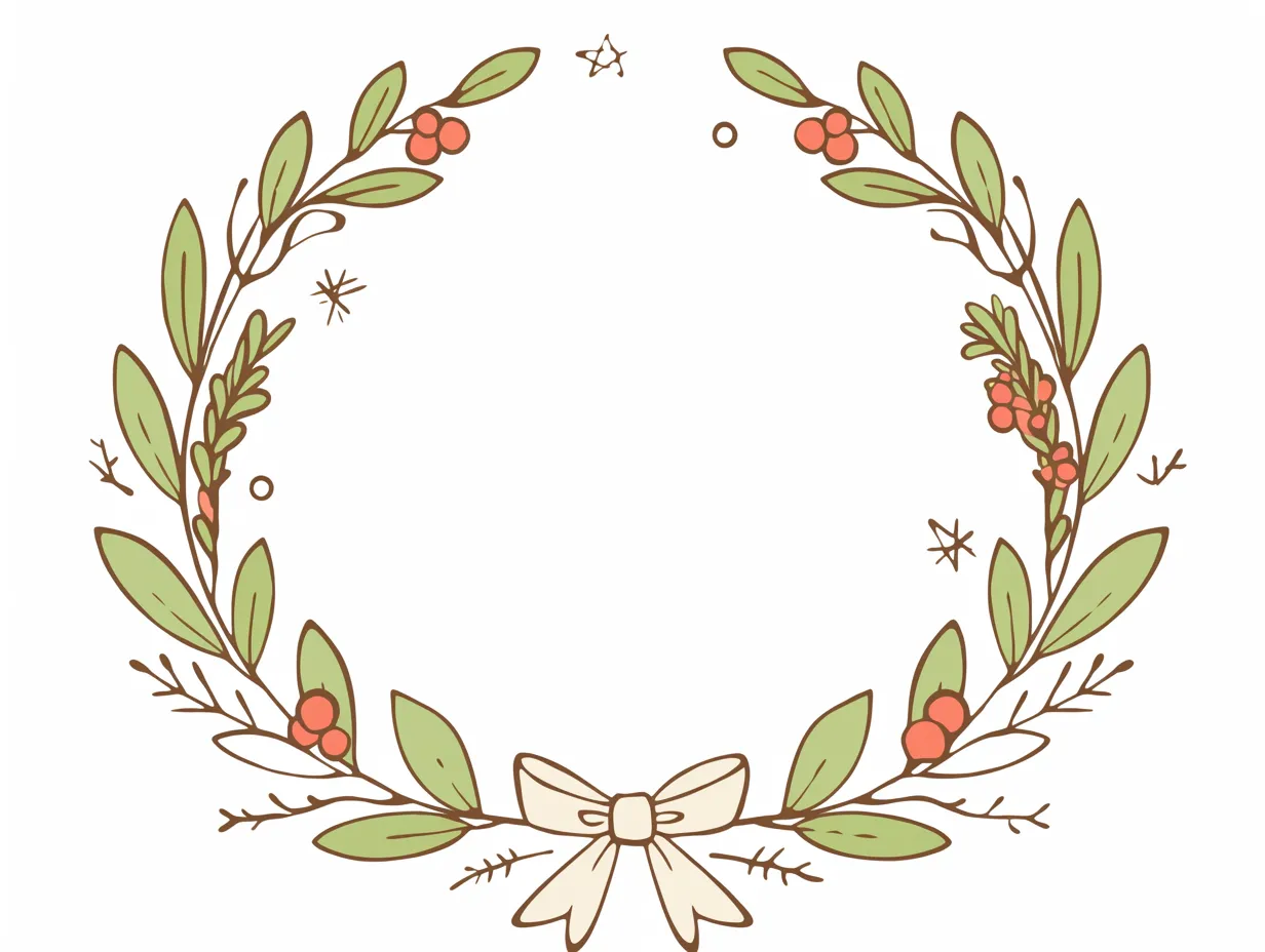 手書きクリスマス植物リース｜葉や実をシンプルに描いたナチュラルなリースのデザインです。手書きクリスマスの自然な魅力を活かし、落ち着いた雰囲気の広告や案内に適した写真素材です。