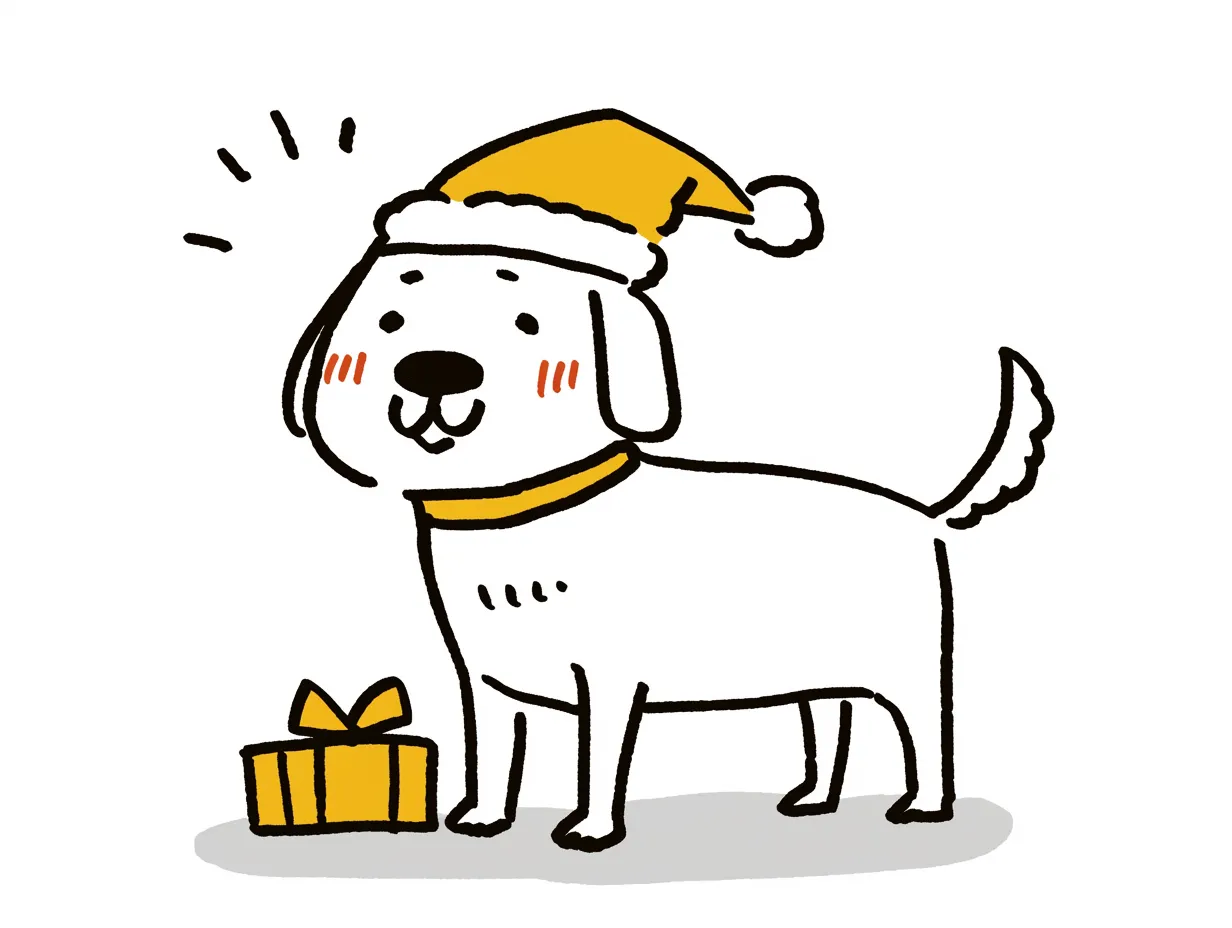 手書きクリスマス犬とプレゼント｜黄色のサンタ帽をかぶった犬とプレゼントを組み合わせたイラストです。手書きクリスマスを表現するデザインで、カジュアルな販促物やSNSに適した写真素材です。