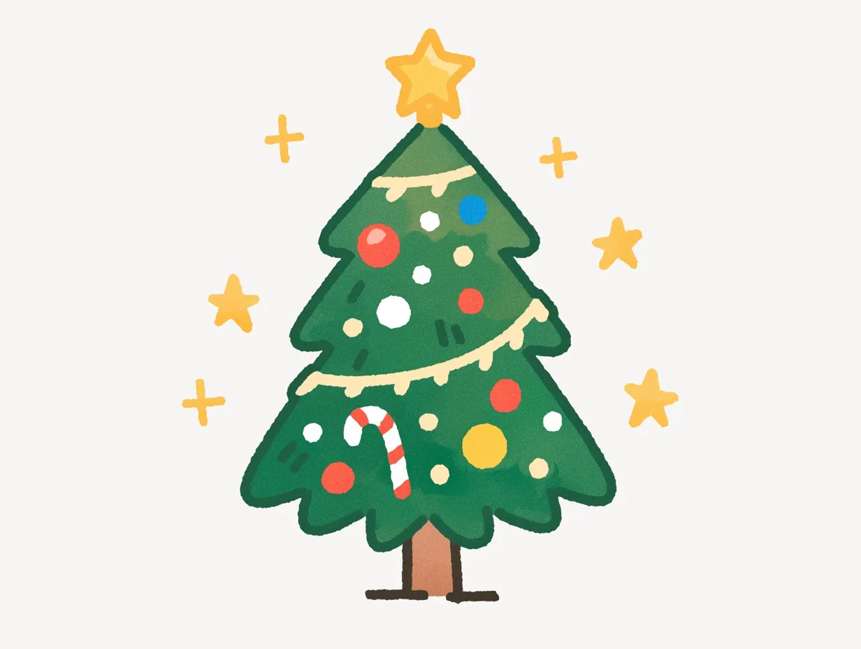おしゃれクリスマスのツリーイラスト｜シンプルで温かみのあるタッチで描かれたツリーは、親しみやすい雰囲気を持ちつつも洗練された印象です。広告やチラシに使いやすく、おしゃれクリスマスのイメージを演出できます。