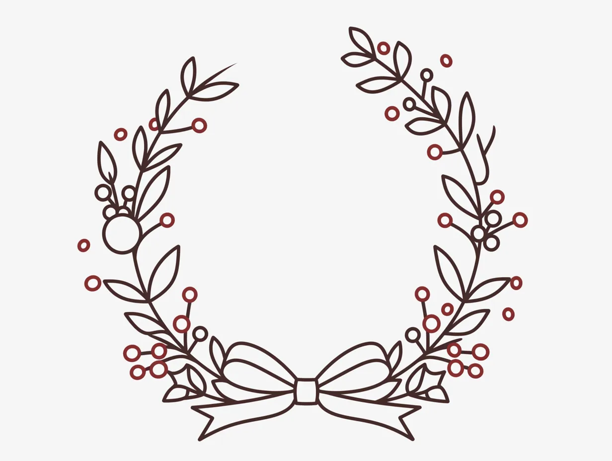 おしゃれクリスマスのリース線画｜細いラインとシンプルな配色で構成されたリースは、余白を活かしたミニマルなデザインです。ナチュラルな雰囲気を大切にしたおしゃれクリスマスの素材として有効です。