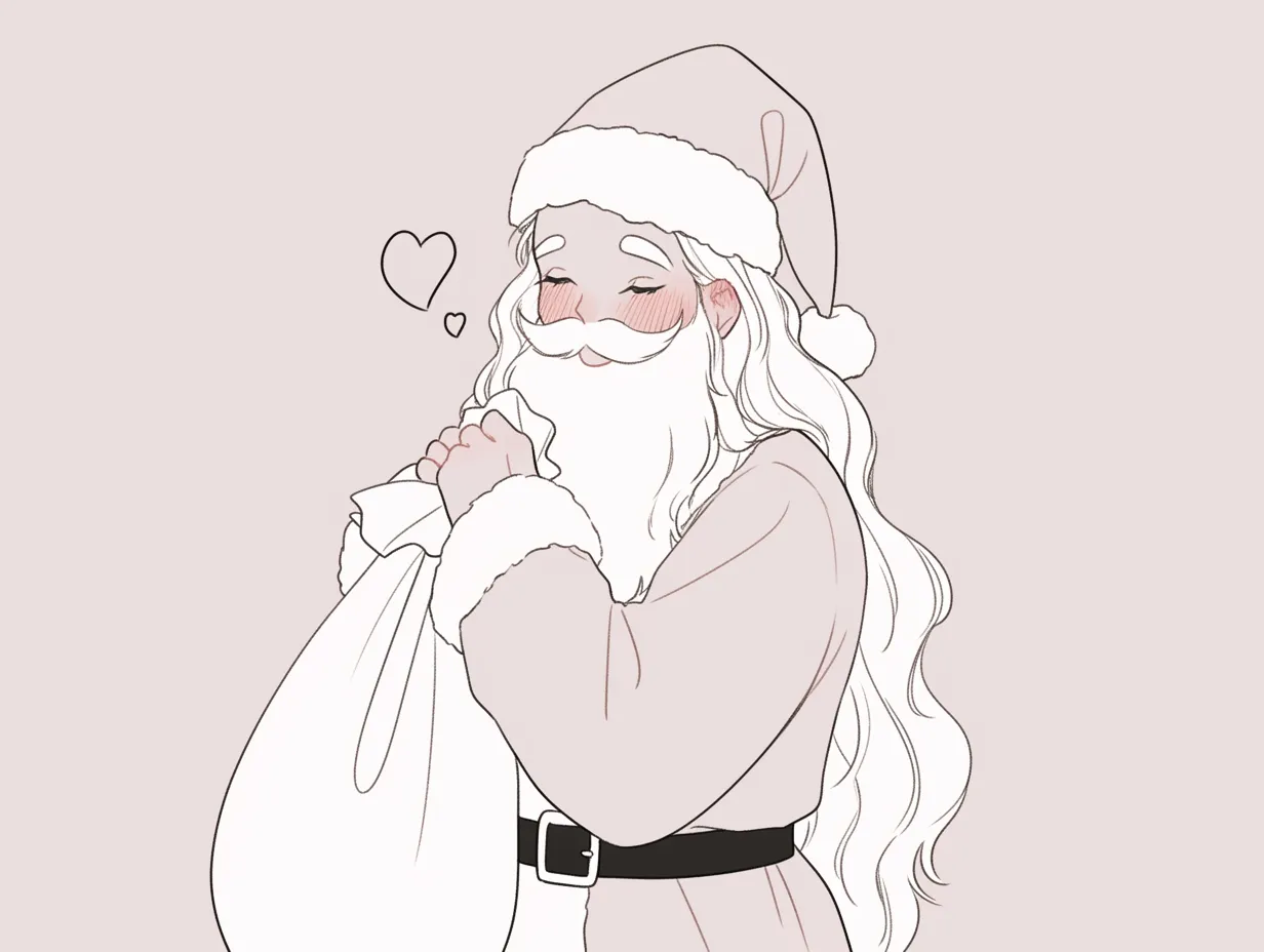 おしゃれクリスマスのサンタイラスト｜柔らかい色合いと繊細な描線が特徴のサンタは、優しい雰囲気を演出します。親しみやすさと上品さを兼ね備えており、おしゃれクリスマスのカードやWEBデザインに最適です。