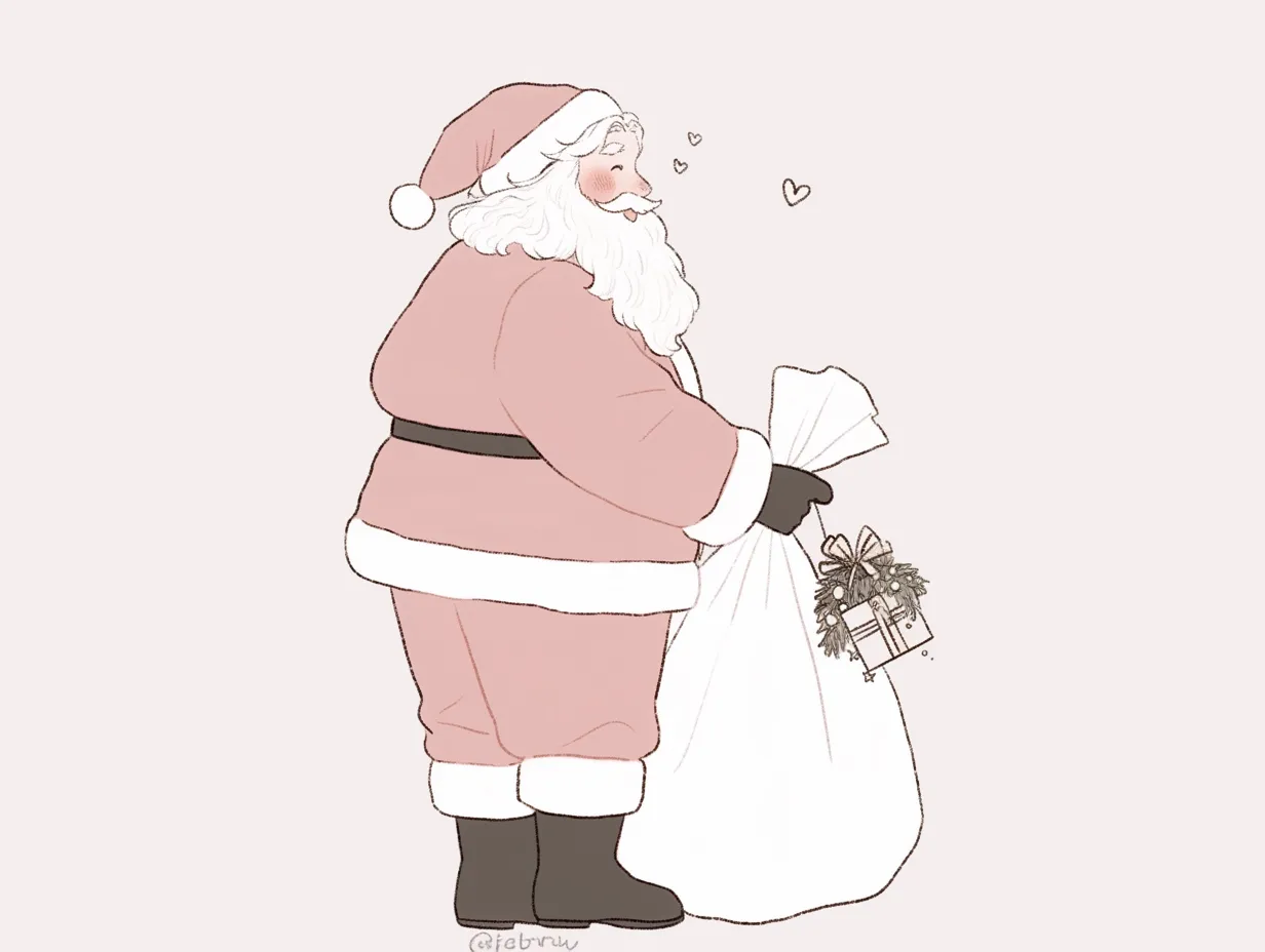 おしゃれクリスマスの横向きサンタ｜横向きで大きな袋を抱えるサンタは、落ち着いた色調で表現され、温かみが感じられます。広告やSNS投稿のワンポイントに使いやすく、おしゃれクリスマスの雰囲気を伝えます。