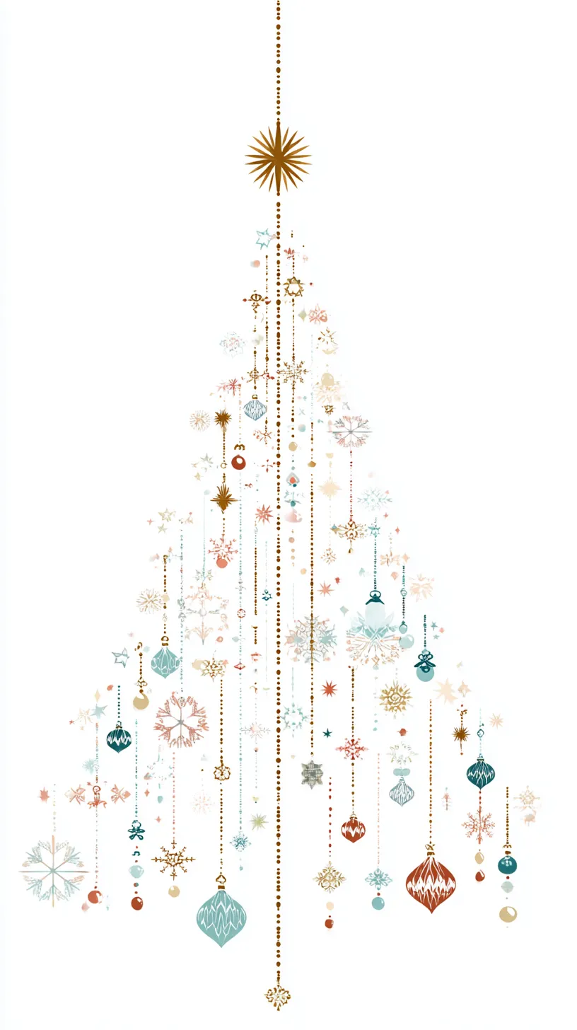 おしゃれクリスマスの装飾ツリー｜オーナメントや雪の結晶で構成されたツリーは、装飾的でありながら軽やかな印象です。エレガントな表現として、ハイセンスなおしゃれクリスマスのビジュアルに活用できます。
