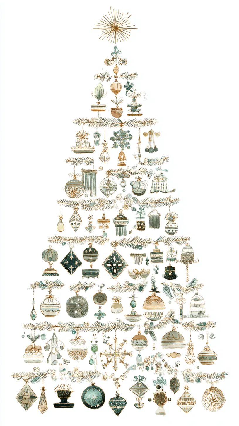 おしゃれクリスマスの繊細ツリー｜繊細に描かれたオーナメントと枝が美しいツリーは、クラシカルで高級感のある雰囲気です。上質なデザインが求められる媒体に最適で、おしゃれクリスマスを印象的に彩ります。