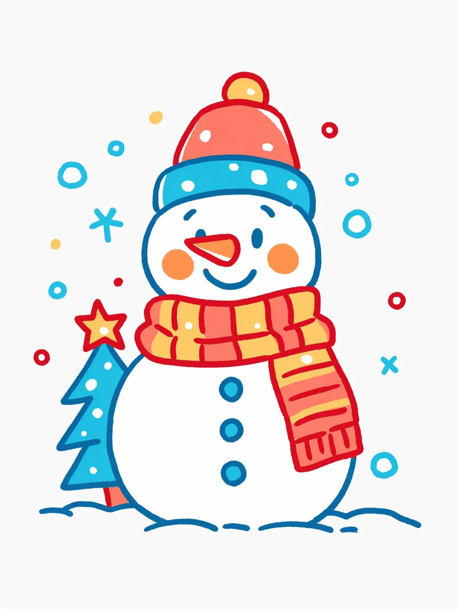 おしゃれクリスマスの雪だるまイラスト｜ポップな色合いと親しみやすい表情の雪だるまは、明るい雰囲気を伝えます。広告やSNS、POPなど幅広い場面で使いやすく、おしゃれクリスマスのシーンを元気に演出します。