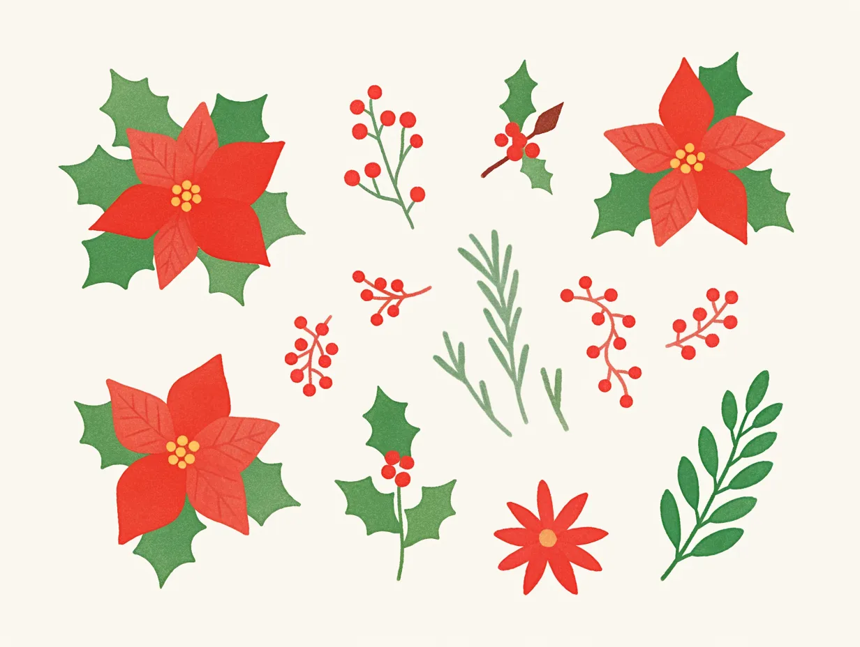 花と葉のセットイラストとクリスマスの花｜ポインセチアやヒイラギの葉、赤い実などをセットにしたイラストです。複数の要素がバランスよく配置され、組み合わせて使いやすいデザインに仕上がっています。多用途に使えるクリスマスの花素材です。