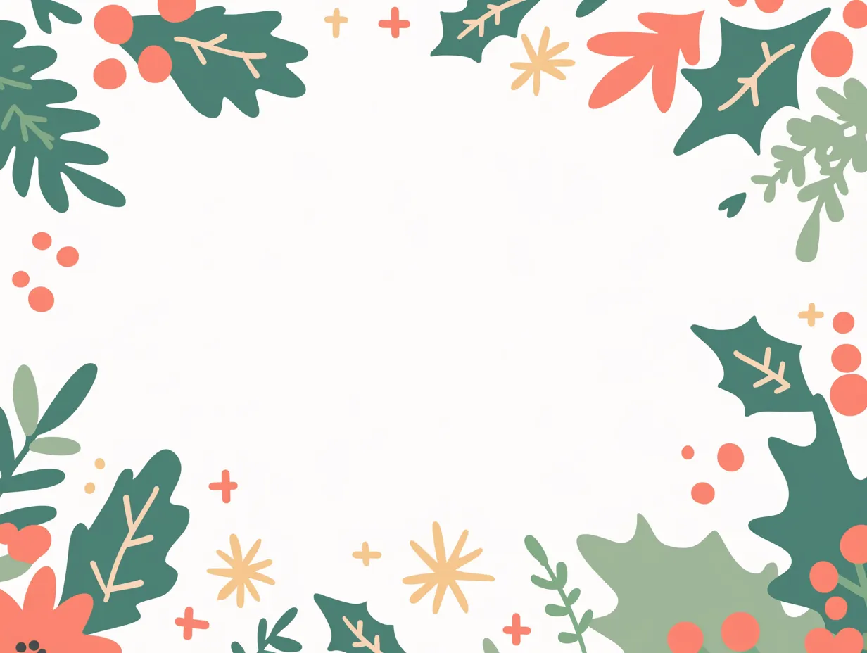 クリスマスフレームのシンプル植物デザイン｜柔らかな色合いとシンプルな葉や実の組み合わせで構成されたクリスマスフレームのイラストです。ポップなタッチが特徴で、ビジネス素材として軽やかで親しみやすいデザインを演出しています。プレゼンやPOPなど多用途に活用可能です。
