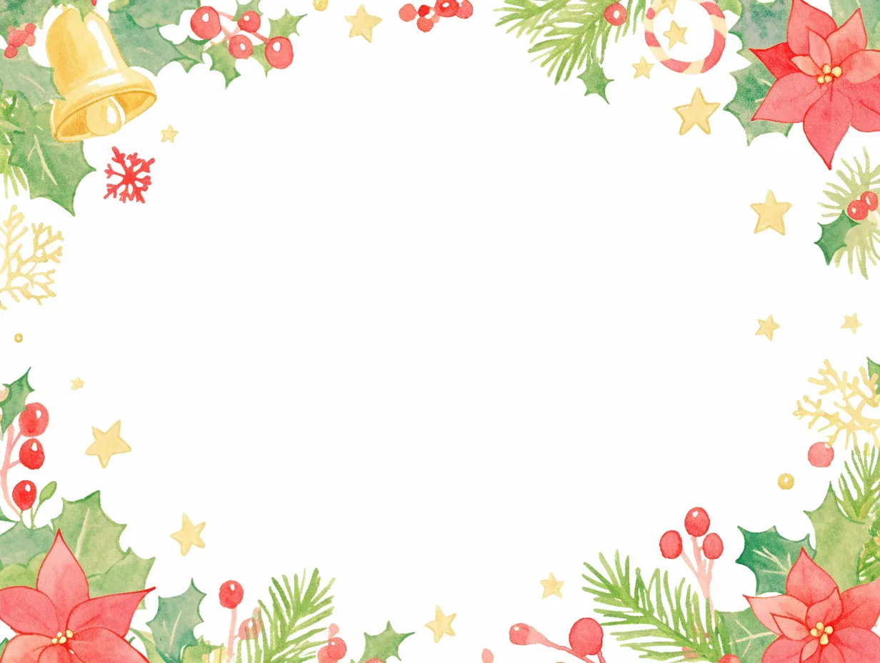 クリスマスフレームのベルと花の装飾｜手描き風の繊細なタッチで描かれたベルやポインセチアが彩るクリスマスフレームのイラストです。柔らかい水彩のような質感が温かみを添え、季節感を演出するビジネス写真素材として幅広く利用できます。