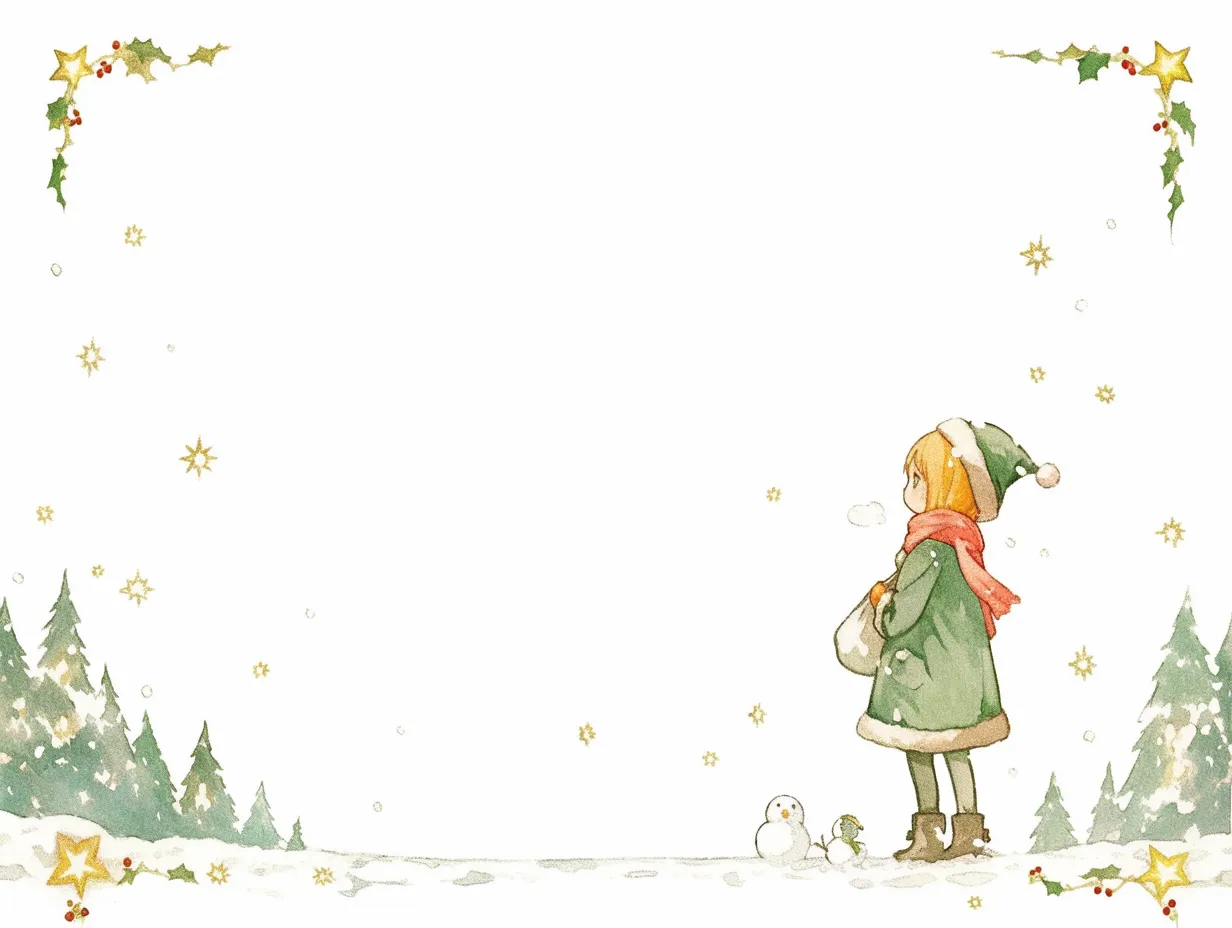 クリスマスフレームの冬景色と少女｜雪景色の中に立つ少女と森を背景にしたクリスマスフレームのイラストです。絵本のような優しい色調で、温かみと物語性を持たせた表現が魅力です。広告やイベント用素材に適したビジネス写真素材です。