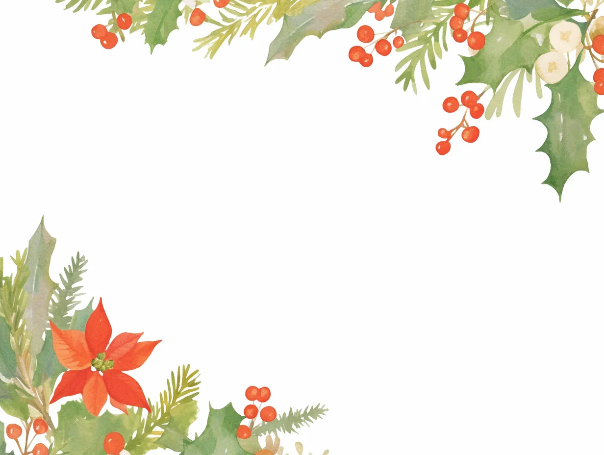 クリスマスフレームの植物と赤い実｜水彩風の自然なタッチで描かれた葉や赤い実が配置されたクリスマスフレームのイラストです。清潔感があり上品な雰囲気が漂い、ビジネス資料やイベントツールに最適な季節感を演出できます。