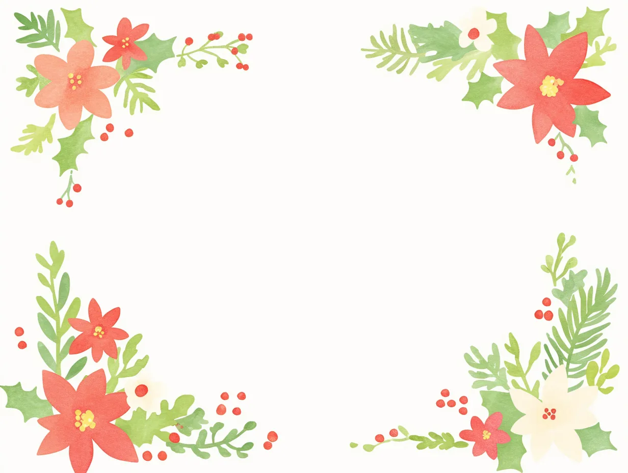 クリスマスフレームのポインセチア装飾｜角に赤と白の花やグリーンを配置した華やかなクリスマスフレームのイラストです。落ち着いた水彩調で温かい雰囲気を与え、カードやチラシなどビジネス用途に映える写真素材として効果的です。