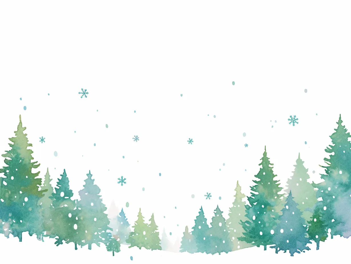 クリスマスフレームの森と雪の風景｜緑の木々と雪が柔らかい水彩タッチで表現されたクリスマスフレームのイラストです。透明感のある色合いで爽やかな雰囲気を演出し、シーズン感を高めるビジネス写真素材として活用可能です。