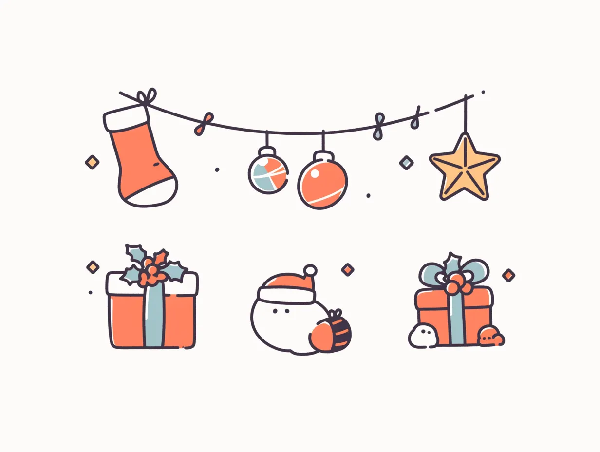 靴下と星のクリスマス飾り｜線画を基調にしたシンプルなタッチで描かれた靴下や星のモチーフが軽やかな印象を与えます。落ち着いた色彩で統一されており、クリスマス飾りとして素材感が分かりやすく、ビジネスシーンのデザインにも使いやすい構成です。