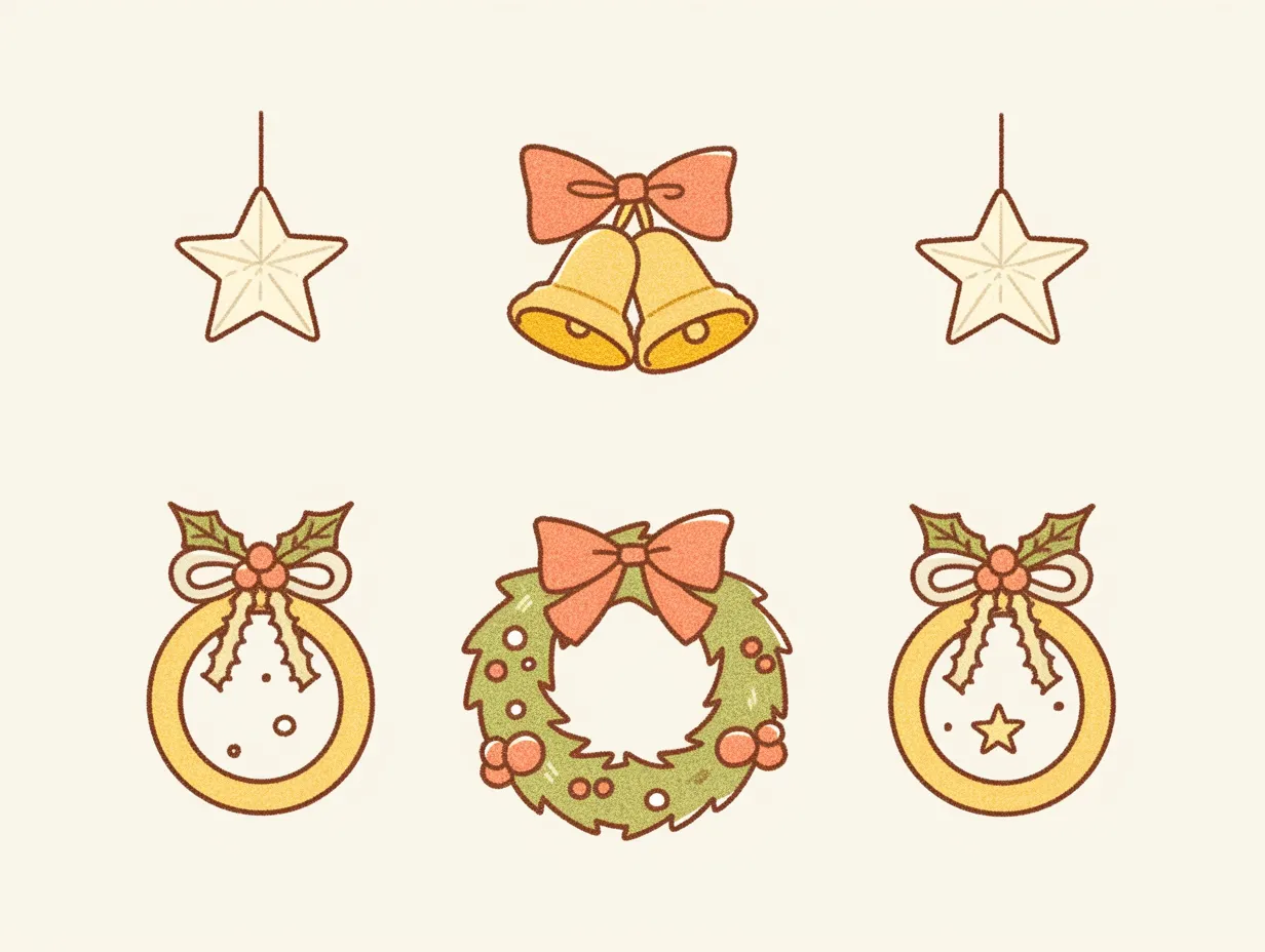リースとベルのクリスマス飾り｜温かみのある色合いでまとめられたリースやベルが中心となり、柔らかい雰囲気を演出しています。細やかな装飾が加えられ、クリスマス飾りらしい華やかさを伝えるデザインで、広告や販促ツールに適しています。