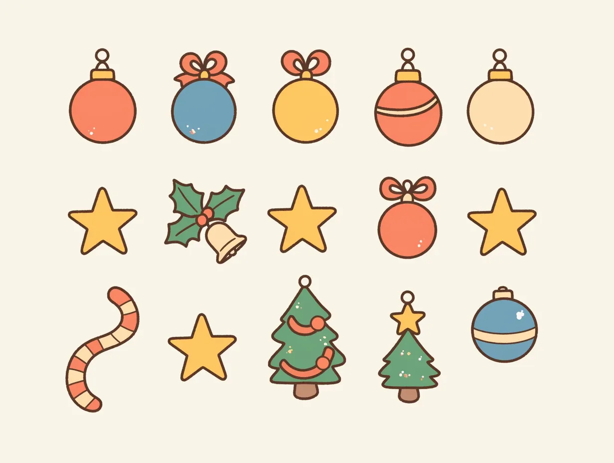 ツリーとオーナメントのクリスマス飾り｜明快な色彩と均一な線で表現されたツリーやオーナメントが整然と並び、親しみやすい印象を持たせています。シンプルながら視覚的にわかりやすく、クリスマス飾りを強調したビジネス素材として汎用性の高いイラストです。