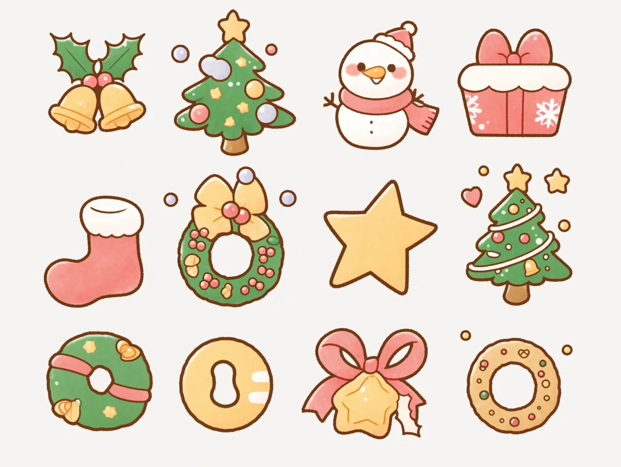雪だるまとリースのクリスマス飾り｜柔らかな手描き風の表現で雪だるまやリースを取り入れ、温もりある仕上がりになっています。彩色もややパステル調で可愛らしさを強調しており、クリスマス飾りとしての親近感を与える素材に適しています。