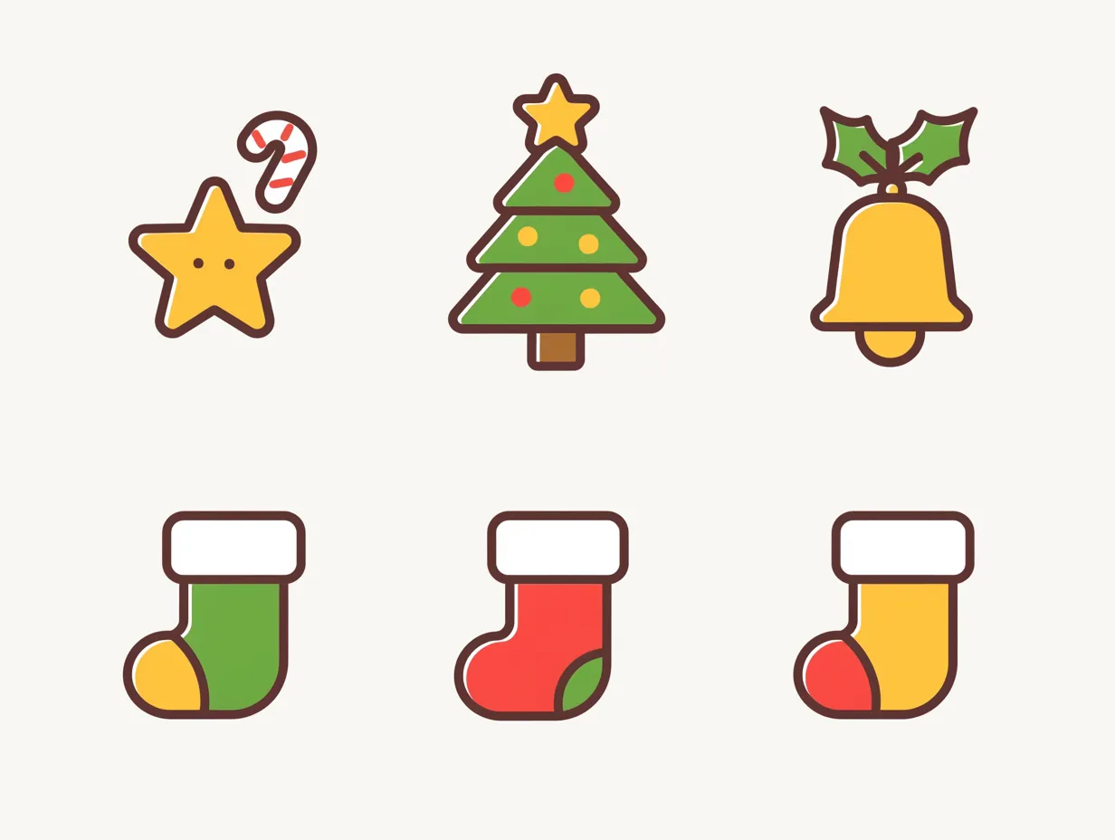 靴下とツリーのクリスマス飾り｜太めの輪郭線と鮮やかな色づかいで描かれた靴下やツリーが、視認性の高いアイコン風デザインになっています。クリスマス飾りのモチーフを簡潔に示しており、ビジネス利用でのアイコンや装飾に使いやすい点が特徴です。