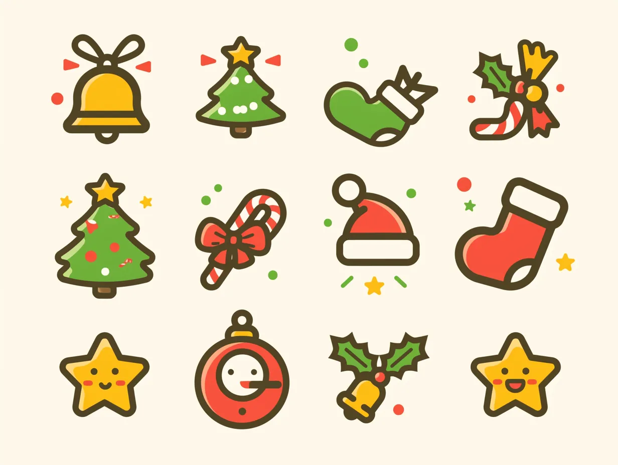 ベルと星のクリスマス飾り｜厚めのアウトラインと鮮やかな赤や緑を取り入れたポップなタッチが特徴で、楽しげな雰囲気を演出しています。星やベルが印象的に配置され、クリスマス飾りの象徴として広告やキャンペーン用素材に適したデザインです。