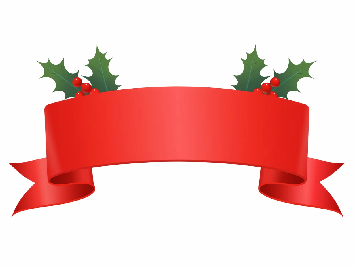ヒイラギ付きのクリスマスリボン｜立体感ある赤いリボンにヒイラギの葉と実を組み合わせたデザインで、華やかさと季節感を演出しています。クリスマスリボンの象徴的な表現として、販促物やイベント用のデザイン素材に適しています。