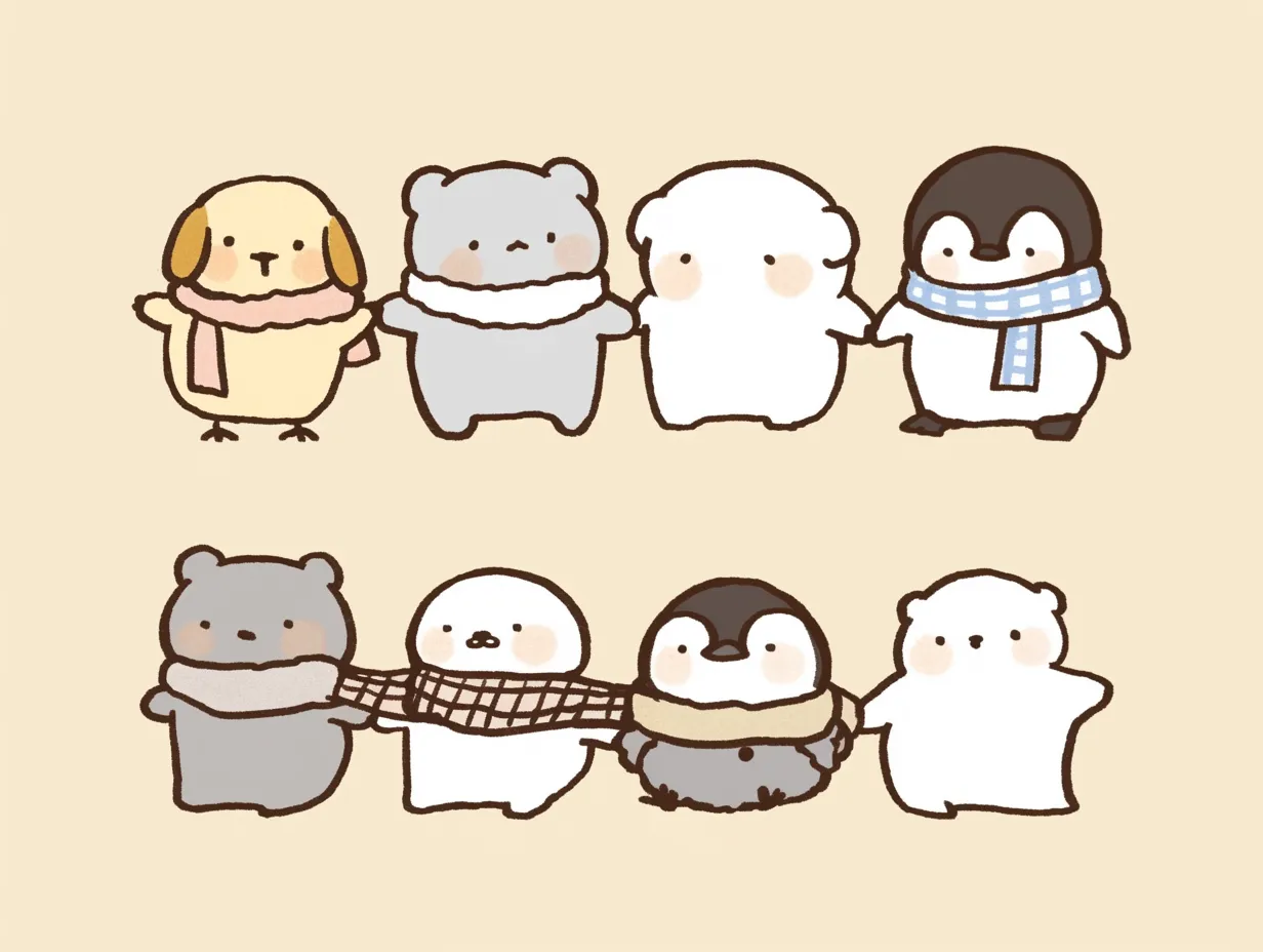 手書き冬の動物たちのイラスト｜犬やクマ、ペンギンなどがマフラーを巻いて並ぶ姿がほのぼのとした雰囲気を演出しています。複数キャラクターの構成が愛らしく、手書き冬の素材として販促やSNS投稿に適しています。
