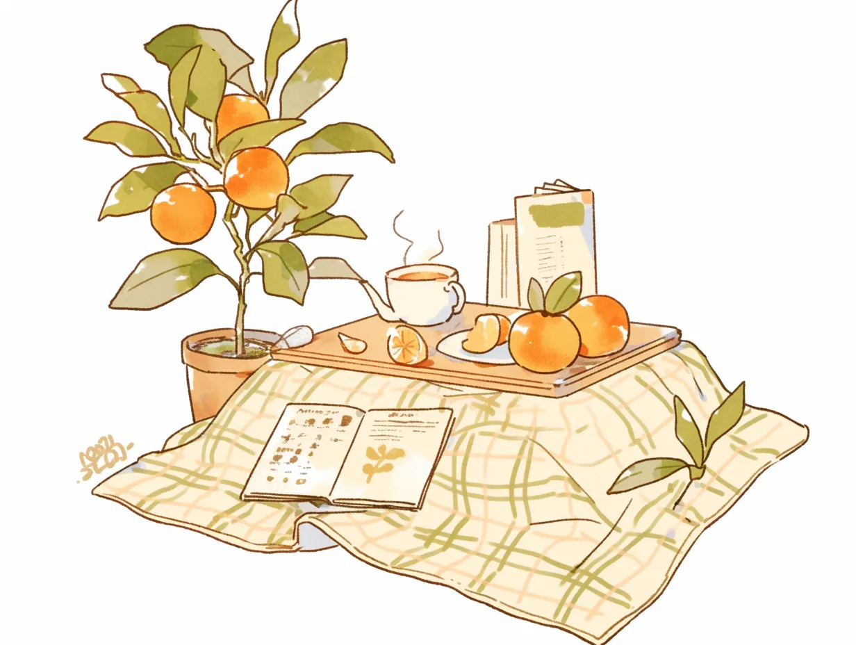手書き冬のみかんとこたつ｜温かみのあるタッチで描かれたこたつとみかんのある生活シーンです。暮らしの温もりを伝える表現が特徴で、手書き冬の生活感を打ち出す広告や記事ビジュアルに使いやすい素材です。