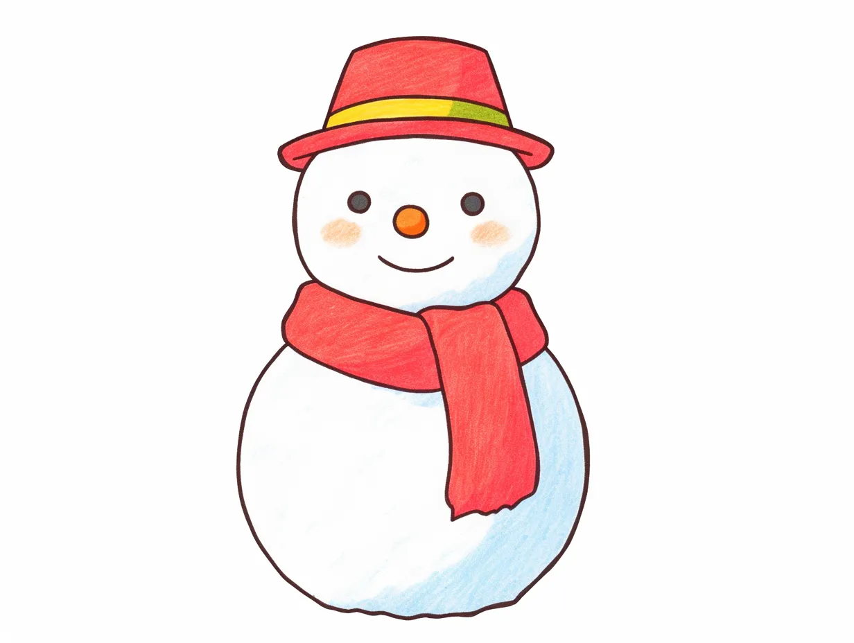 手書き冬の赤い帽子の雪だるま｜赤い帽子とマフラーを合わせた雪だるまがシンプルに描かれています。明るい配色と親しみやすいスタイルで、手書き冬のシーズン感を強調する素材として広く利用できます。