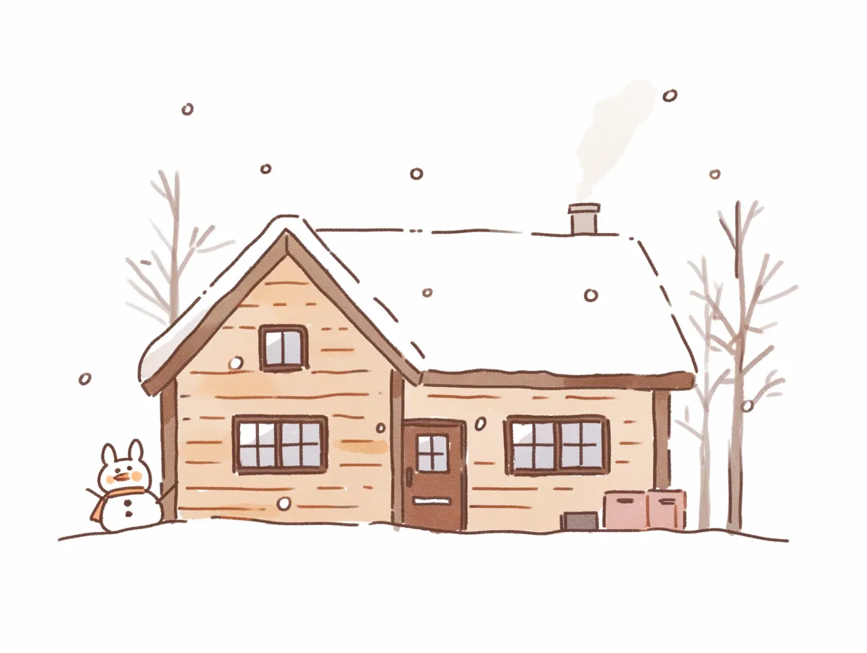 手書き冬の雪景色の家イラスト｜木造の家と雪景色が柔らかな線で表現されています。シンプルながら温かみを感じさせ、手書き冬の風景素材として観光案内や冬のキャンペーンに効果的に活用できます。