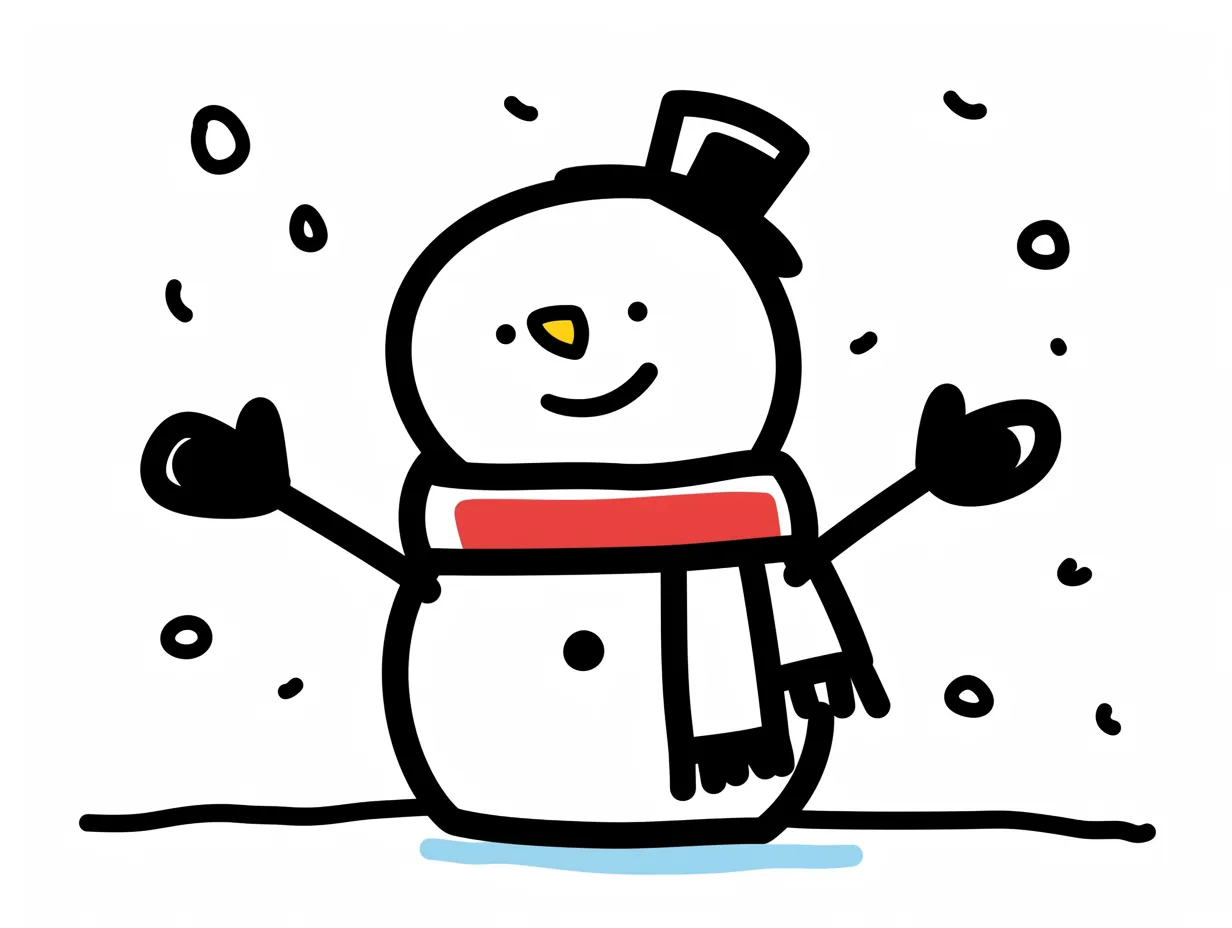 手書き冬の黒い帽子の雪だるま｜黒い帽子と赤いマフラーを組み合わせた雪だるまがユーモラスに描かれています。手描き特有のシンプルさと温かさがあり、手書き冬の季節感を伝える汎用性の高い素材です。