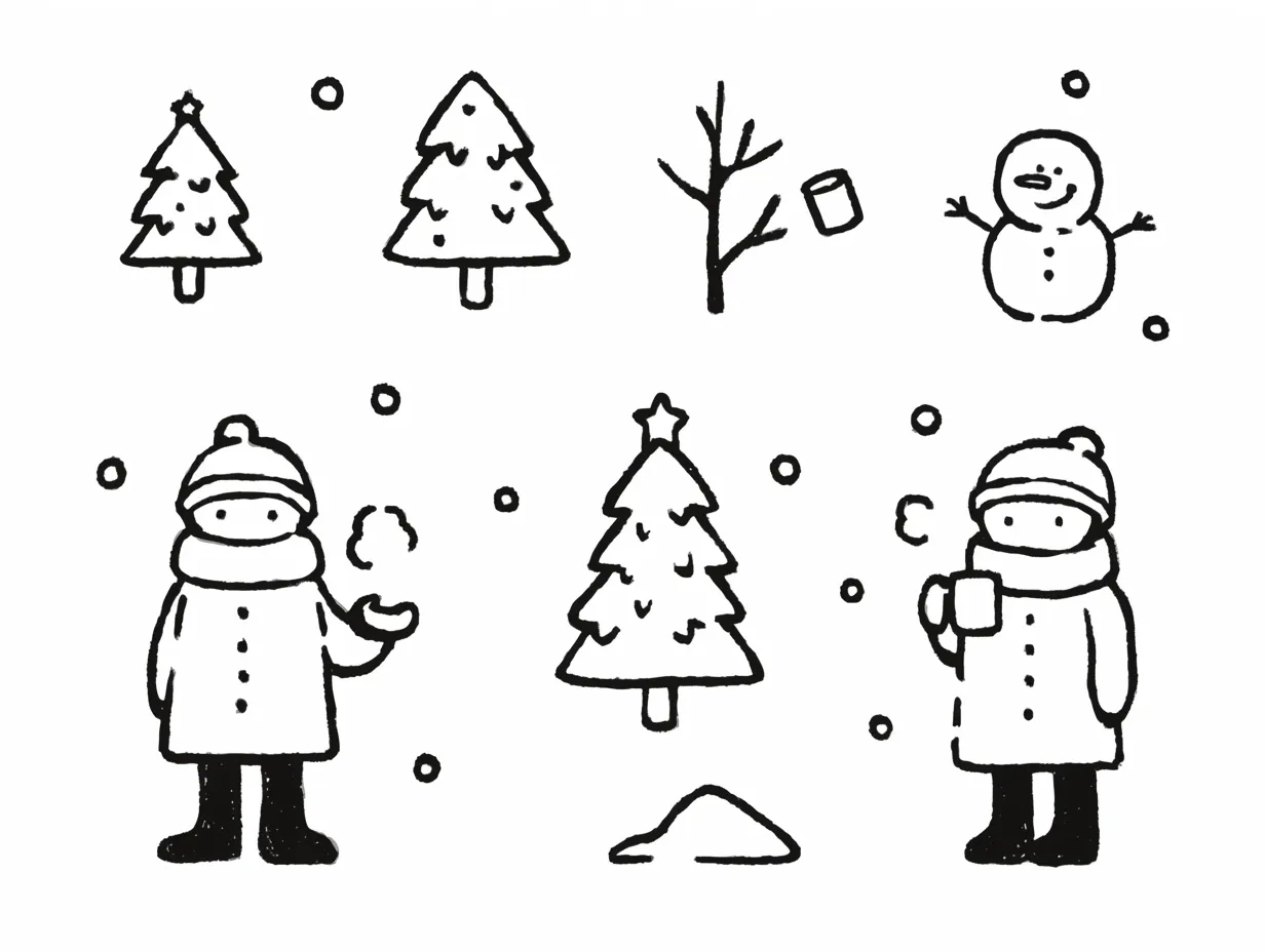 手書き冬の人とツリーのイラスト｜雪の中でツリーや人々を簡潔な線で描いたモノクロ表現です。手描きのラフさが親しみを与え、手書き冬の雰囲気を強調したイラスト素材として企画や広告に利用しやすいです。