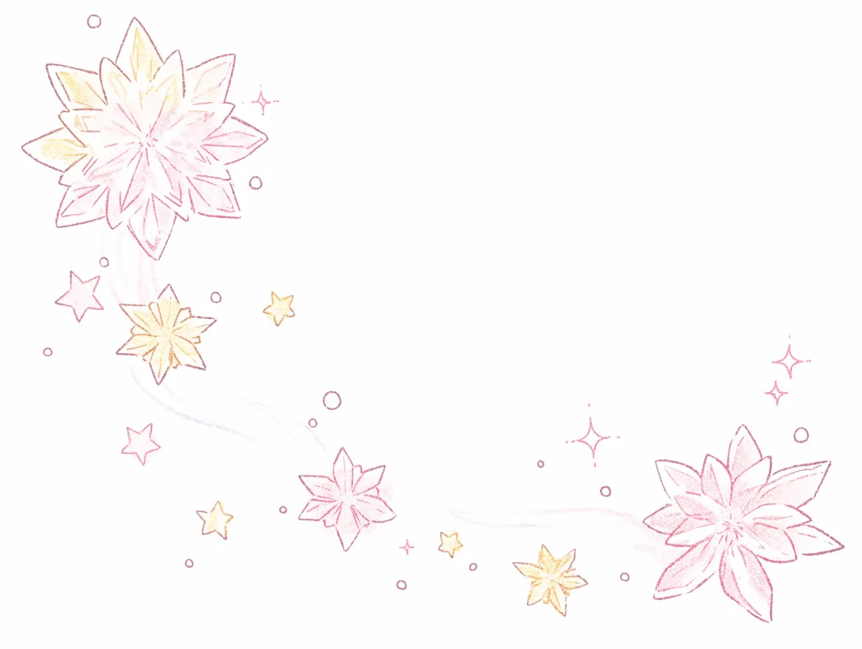 おしゃれ冬の花と星のフレーム｜淡い色合いの花と星が舞うフレームデザインです。柔らかな手描き感があり、タイトルやメッセージを引き立てるおしゃれ冬の飾り枠素材として幅広く使えます。