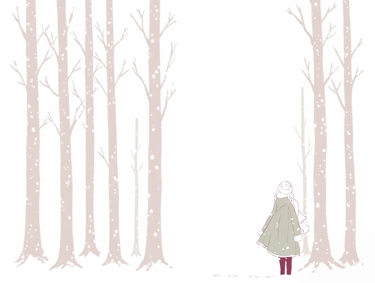 おしゃれ冬の森を歩く人物｜雪が降る森を背景に、コートを着た人物が描かれています。シンプルで落ち着いた構図が特徴で、おしゃれ冬のストーリー性を持たせた素材として広告や記事に適しています。