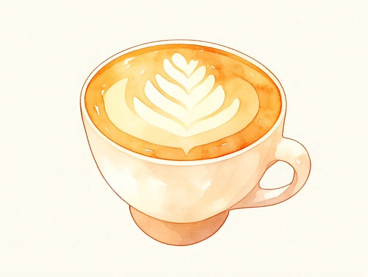 おしゃれ冬のラテアートカフェ｜カフェラテに描かれたラテアートが丁寧に表現されています。柔らかな光と色彩が印象的で、おしゃれ冬の飲み物素材としてSNSや販促ツールに適しています。