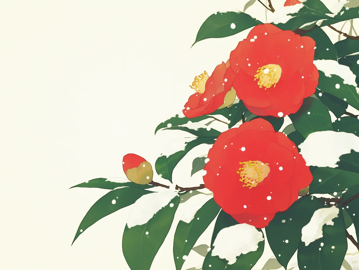 冬の花の雪に咲く椿｜赤い椿の花に雪が積もった風景が繊細に描かれています。鮮やかな色合いと白の対比が印象的で、冬の花の象徴として広告や季節感を伝えるデザイン素材に最適です。