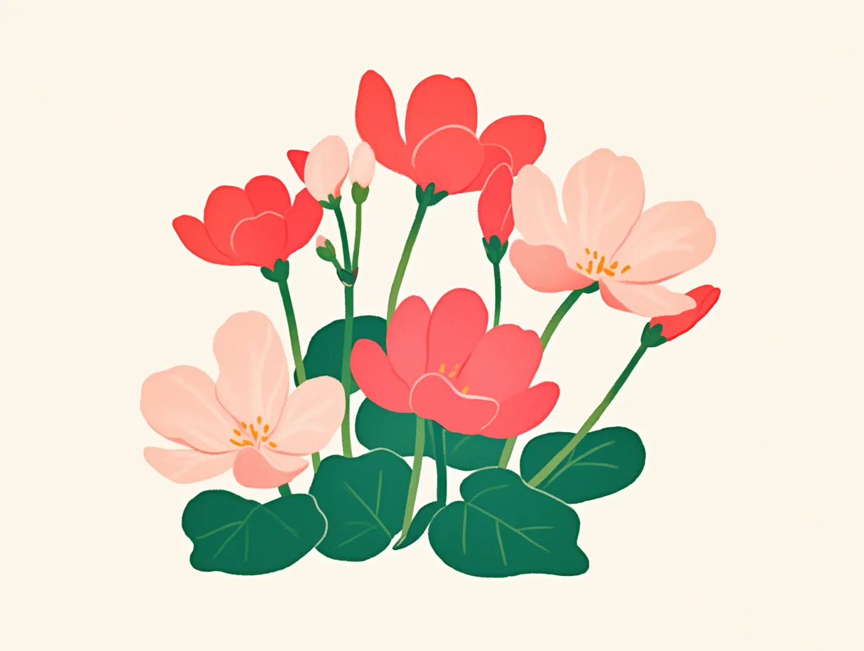 冬の花のボケの花イラスト｜赤と淡いピンクの花がまとまって咲く様子を柔らかいタッチで表現しています。親しみやすい雰囲気があり、冬の花のシーズン感を強調する装飾やPOPに使いやすい素材です。