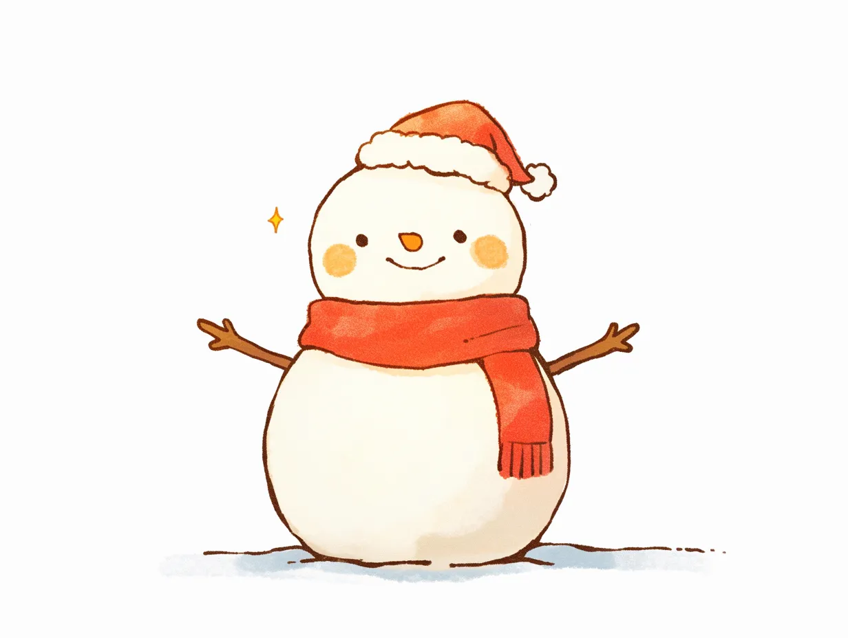 かわいい冬の雪だるまのイラスト｜あたたかい赤いマフラーを巻いた雪だるまが親しみやすく描かれています。ほのぼのとした雰囲気があり、広告や季節イベントの案内などに適したかわいい冬の素材として活用できます。