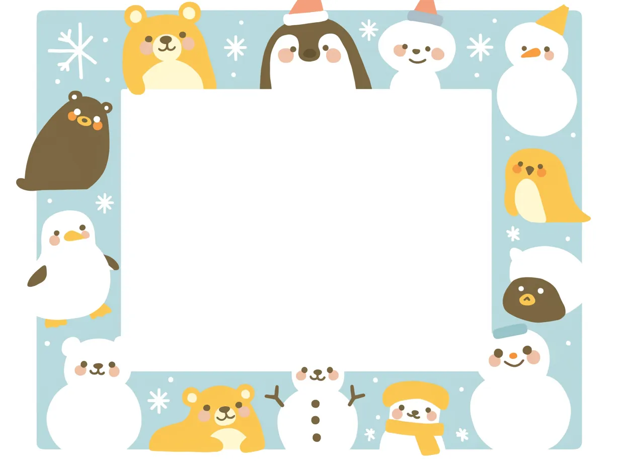 動物と雪だるまの冬フレーム｜かわいい動物や雪だるまが周囲を囲むイラストです。親しみやすく温かみのある雰囲気で、冬フレームとして子供向けイベントや教育資料に活用できます。
