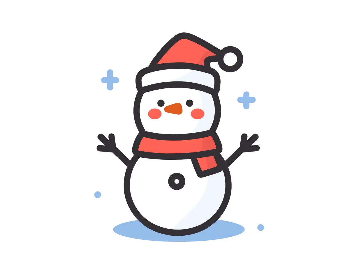 かわいい冬のポップな雪だるま｜線を太めに整えたポップなタッチの雪だるまは、シンプルでありながら親しみやすい印象を与えます。イラスト調の軽快さがあり、かわいい冬のアイキャッチとして利用価値が高いです。